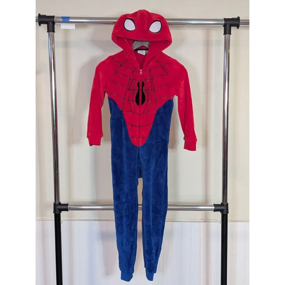 Boys Spider-Man One Piece Pajamas Size 8 Hooded Fleece Sleeper Red Blue